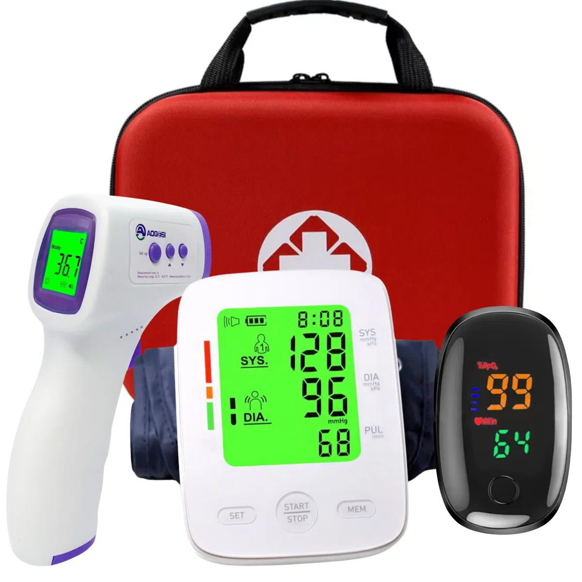 Tensiomètre Bras Électronique + Oxymètre de Doigt + Thermomètre Frontal – Kit Santé à Domicile 3en1 avec Mallette Rigide – Grands Écrans – Pack Surveillance Tension & Température– Seniors & Famille
