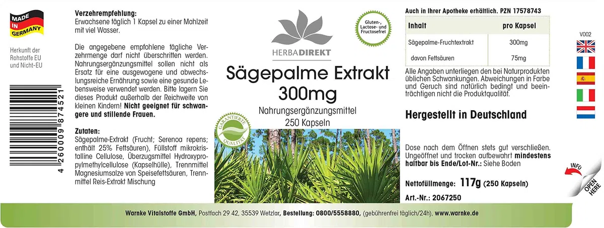 Extrait de palmier nain 300mg - avec bêta-sitostérol - grand emballage - 250 gélules | Herba Direkt - Qualité des pharmacies allemandes