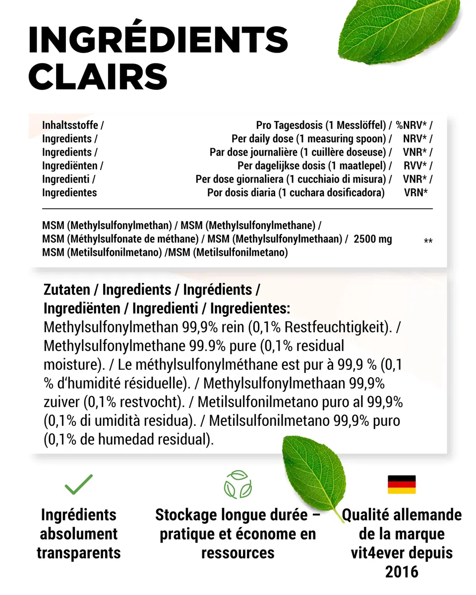 Poudre de MSM - 1 kg (1000 g) - 99,9% de Méthylsulfonylméthane Cristallin Pur - Facteur Mesh 40-80 - Soufre Organique - Végane, Sans Additifs