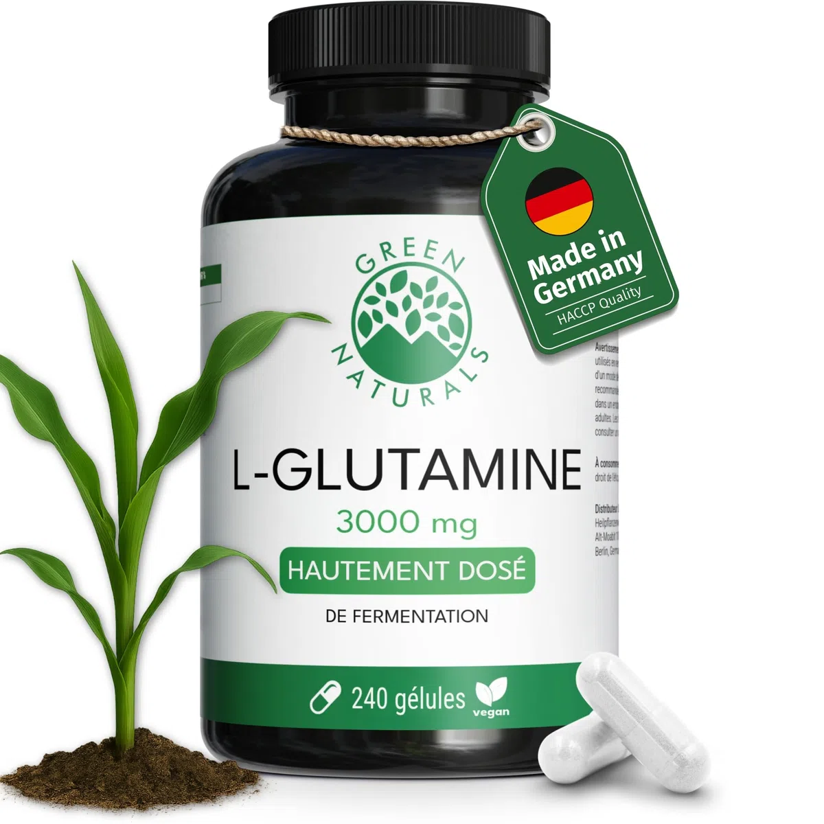 Green Naturals L-Glutamine 3 000 mg par jour – 240 gélules | Forme libre issue de fermentation · Vegan · Sans additifs · Cure de 2 mois