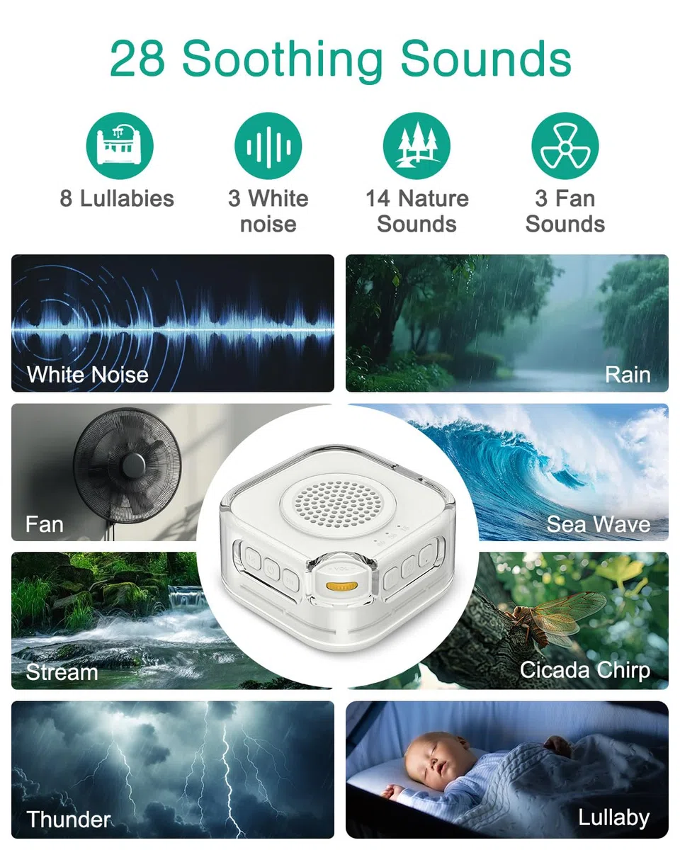 ORIA Machine à Bruit Blanc Portable, 28 Sons Apaisants, Veilleuse 3 Niveaux, Minuterie 15/30/60min, Batterie 1000mAh USB-C, Bluetooth, Aide au Sommeil pour Bébé Adulte Maison Voyage Bureau