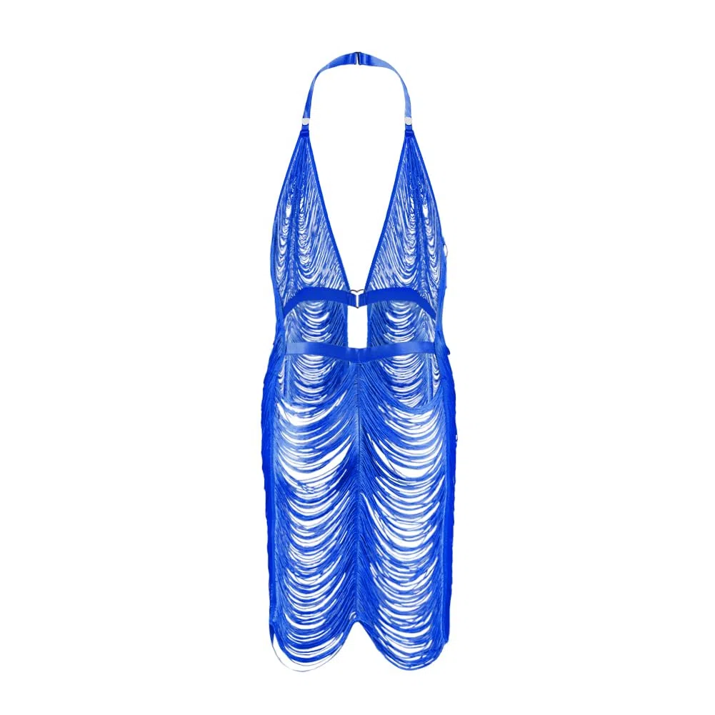 ITODA Robe Moulante en Résille pour Femme Robe Courte sans Manche Dos Nus Lingerie Sexy avec Franges Nuisette Érotique Col V Chemise de Nuit Transparente Tenue Sexy pour Club Soirée Cocktail Festival