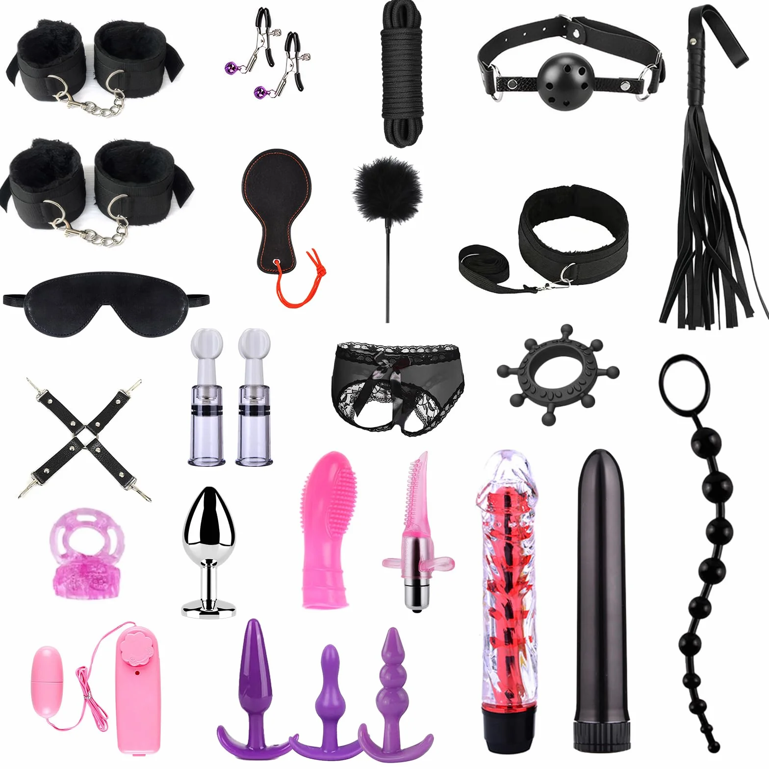 Kit BDSM Bondage 26 Pièces Qoosea pour Couples Menottes Réglables Entraves Cheville Collier avec Set de Plug Anal Pinces à Tétons Fouet Cache-yeux Boule Baillon Jouets Vibrants pour Jeu Sensuel Adulte