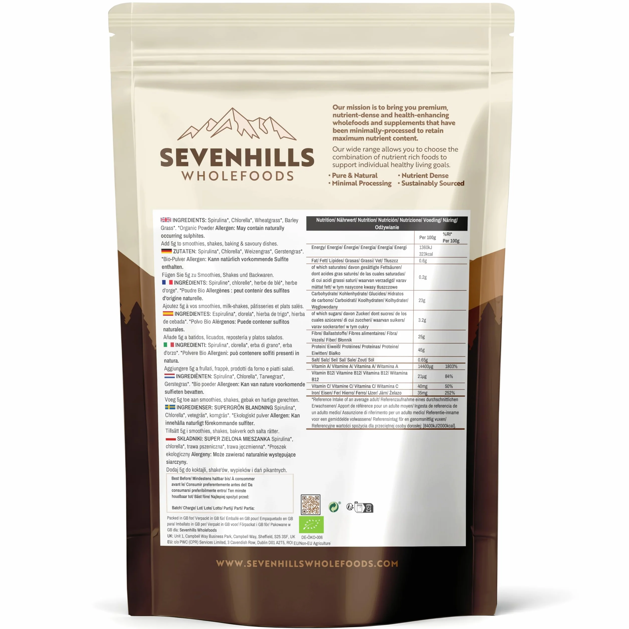 Mélange de super verts bio 400g avec spiruline, chlorelle, herbe de blé, herbe d'orge | Soutient l'immunité de la peau | 80 portions | Poudre de superaliments verts de Sevenhills Wholefoods