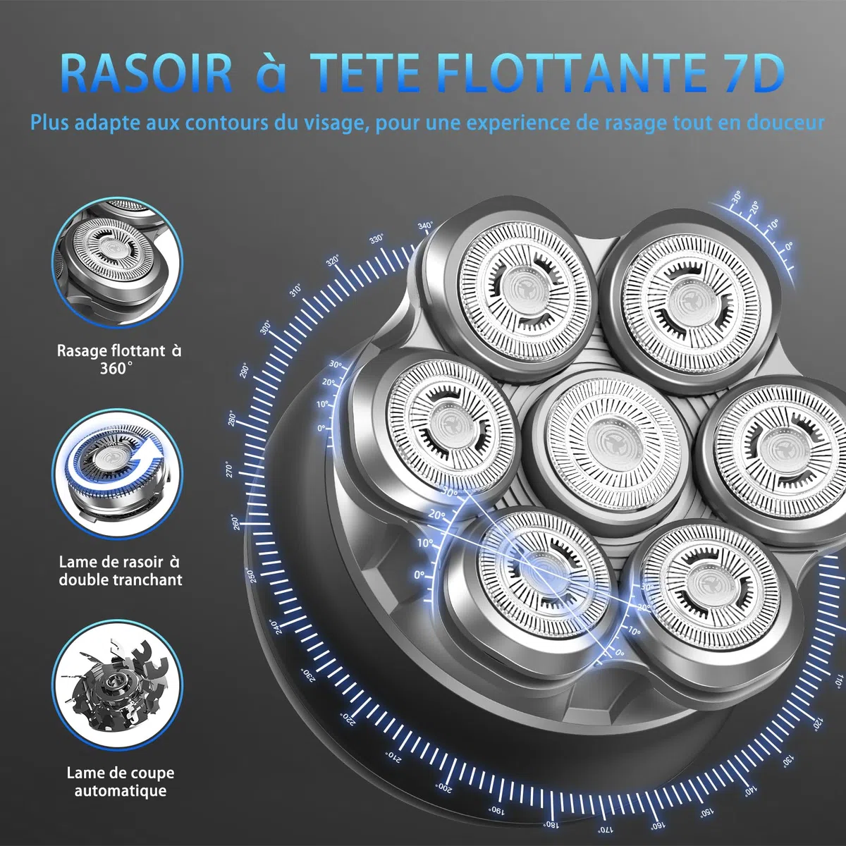 Rasoir Electriques Hommes, 7D Rasoir Tete Chauve Homme, Tête Magnétique Tondeuse Barbe Homme, Tondeuse à cheveux portable étanche sèche/humide, avec écran LED (4in)