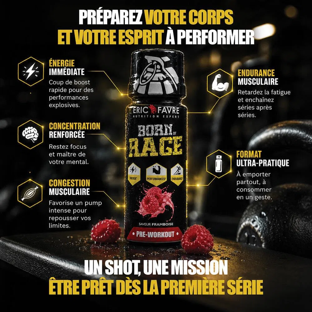 BORN OF RAGE SHOT PREWORKOUT - Énergie Instantanée - Booster Musculaire - Caféine Haute Teneur - Endurance & Performance - Display 12x50ml - Saveur Citron - Eric Favre