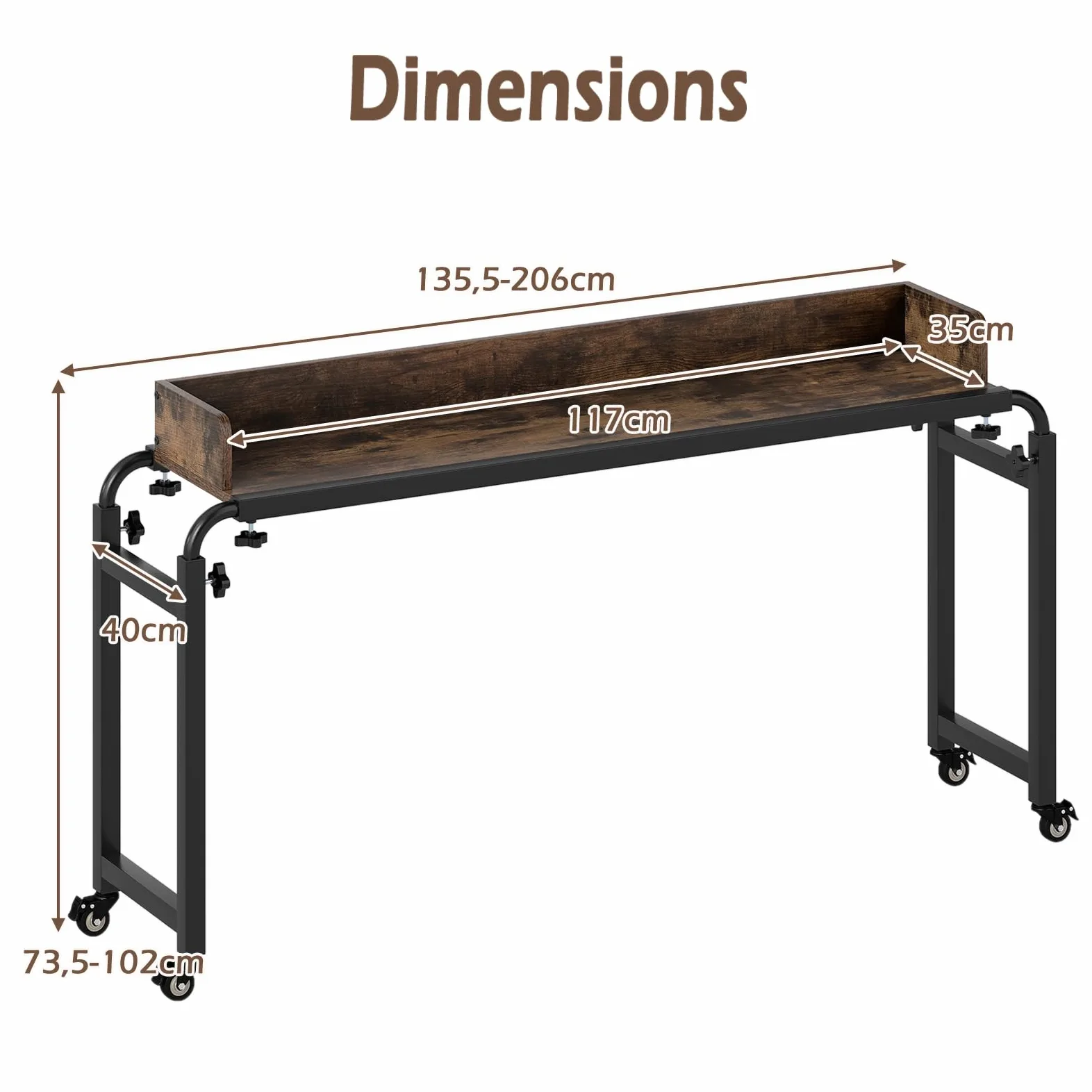 LIFEZEAL Table de lit à roulettes 117 x 35 cm, Table d'appoint pour Ordinateur Portable Polyvalente réglable, Bureau sur Le lit avec Hauteur et Largeur modifiables, Compatible avec Plusieurs Lits