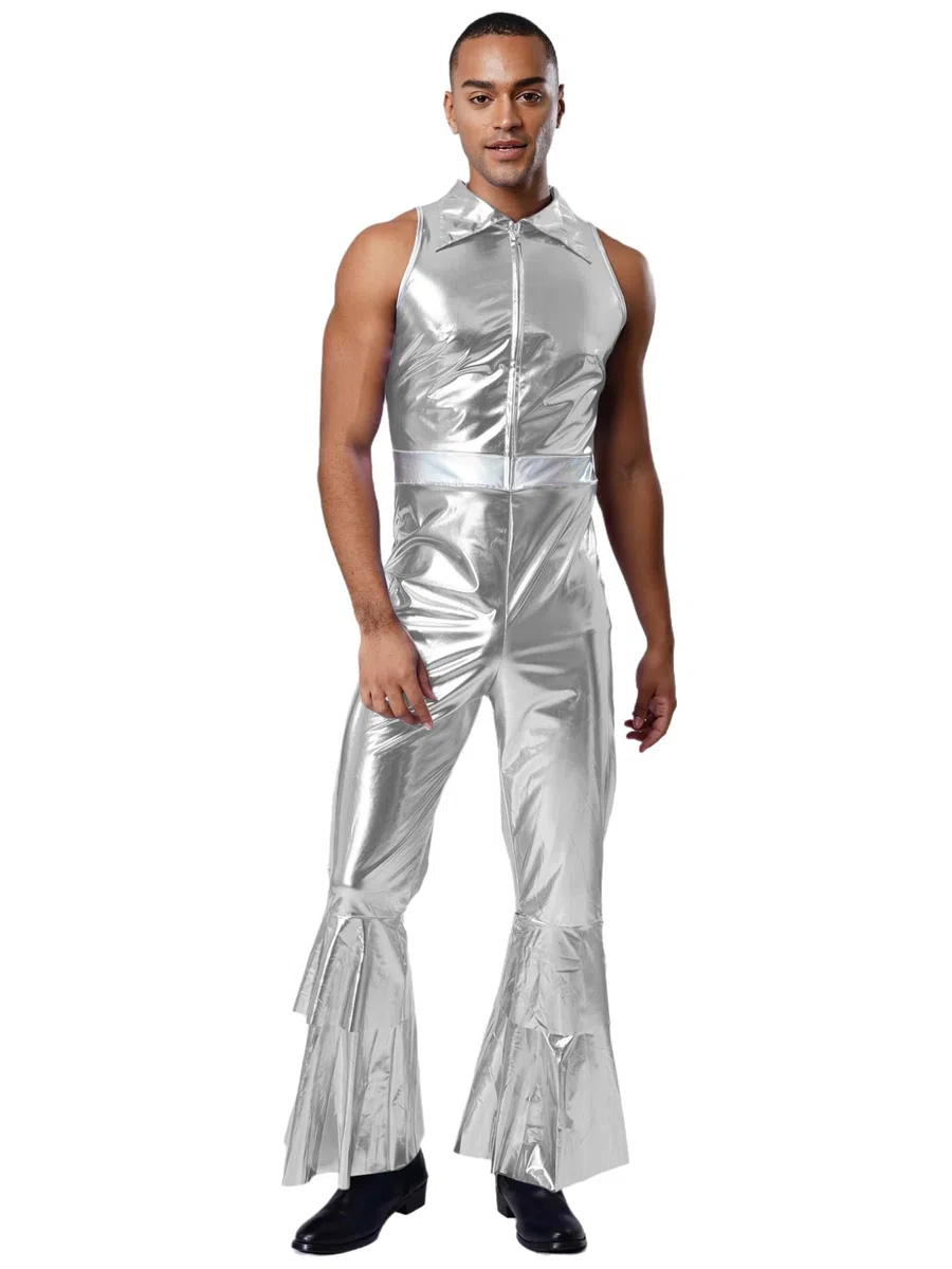 Homme Combinaison Métallique Costume Disco Années 70 Bodysuit San Manche Holographique Bodysuit Cosplay Carnaval Rave Party