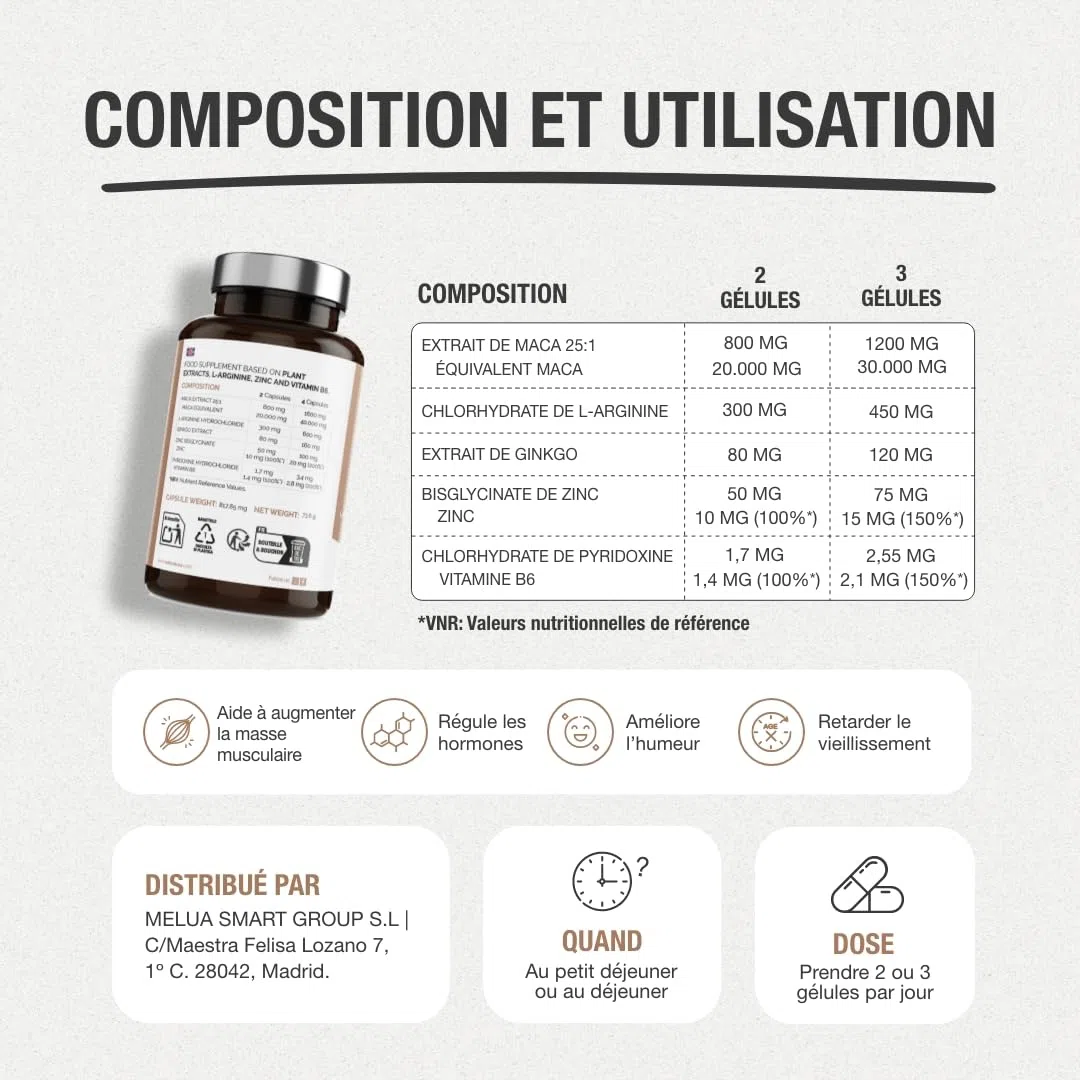 Maca Andina Ultra Concentrée 40.000 mg/jour 25:1 | L-Arginine, Zinc, Vit. B6 & Ginkgo – Énergie, Vitalité & Puissance Personnelle | 90 Capsules