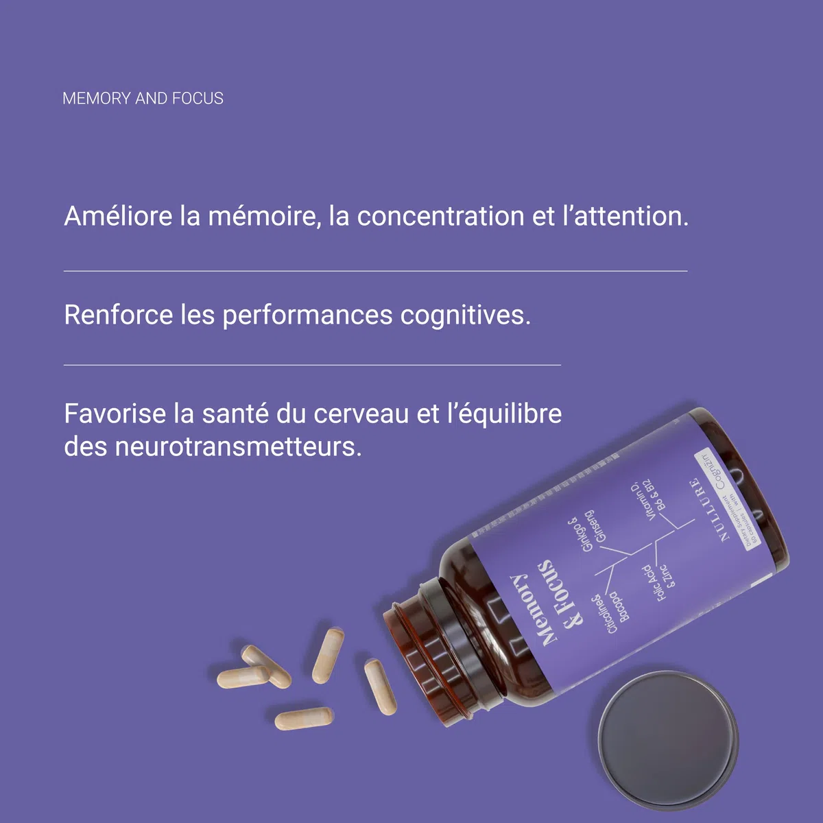 Nullure Nootropique Mémoire et Concentration | Stimulant Cognitif · Énergie · Vivacité Mentale | Citicoline COGNIZIN + Ginkgo Biloba 6000mg + Bacopa Monnieri + Ginseng + Zinc | Sans Caféine | 60 cps.
