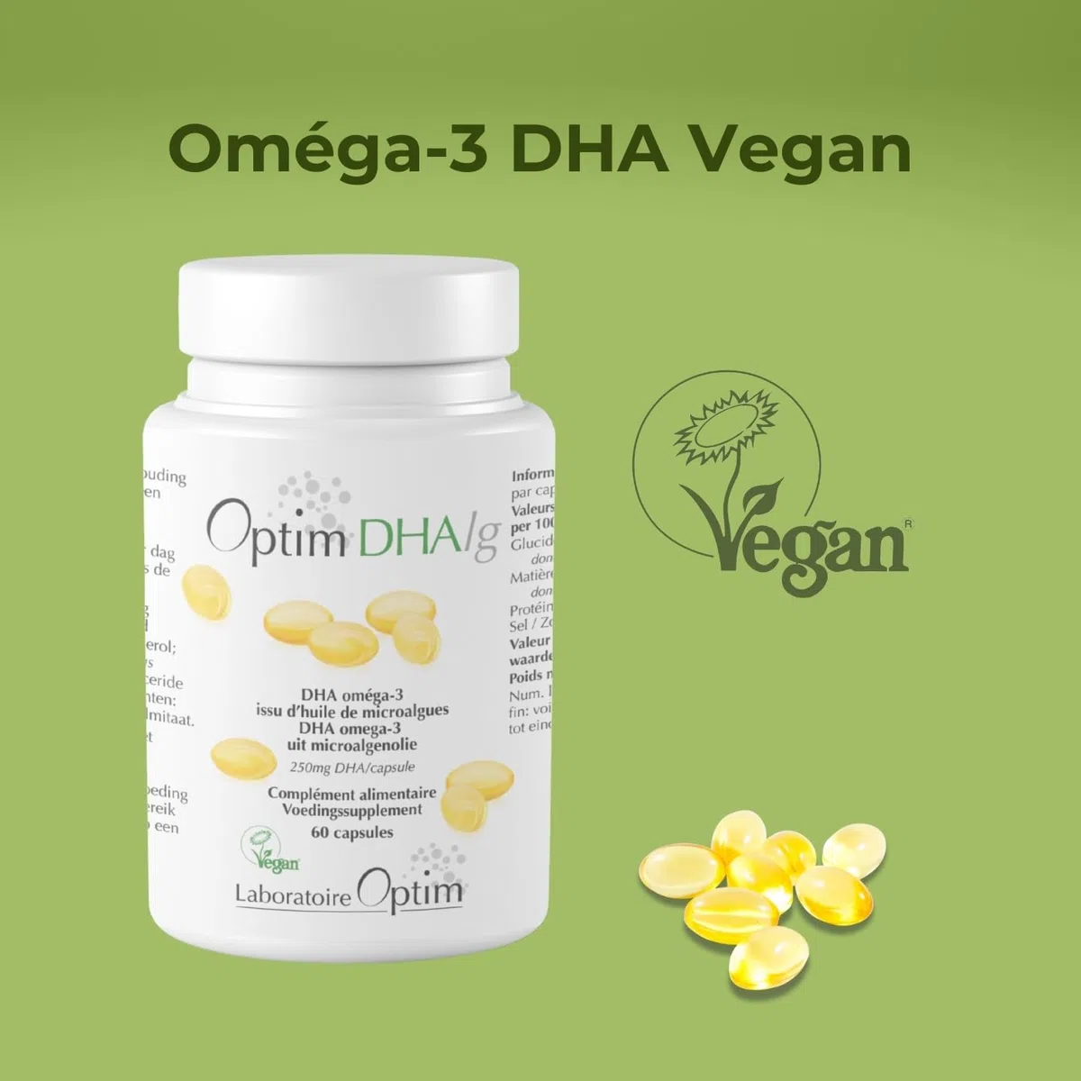 OPTIM DHAlg Oméga 3 DHA Vegan 250 mg, 60 gélules | Huile de microalgues Schizochytrium, Sans poisson, Vegan Society, Cerveau & Vision