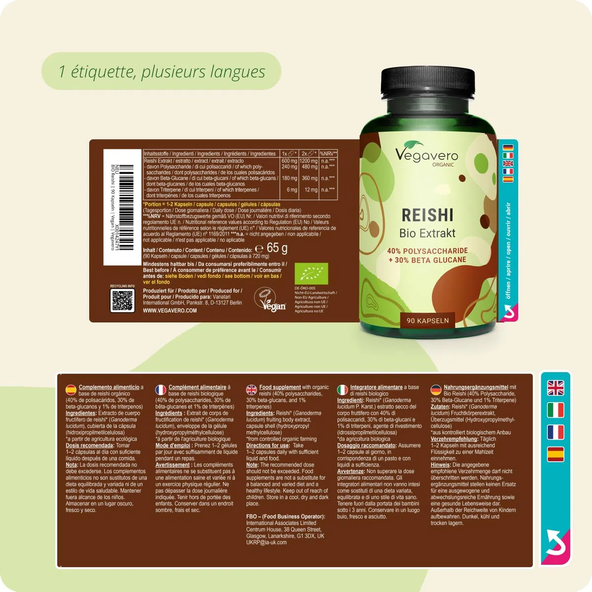 Reishi BIO Vegavero® | 18.000 mg (Extrait 15:1) | 40% Polysaccharides + 30% Bêta-Glucanes | Sans Additifs | VEGAN