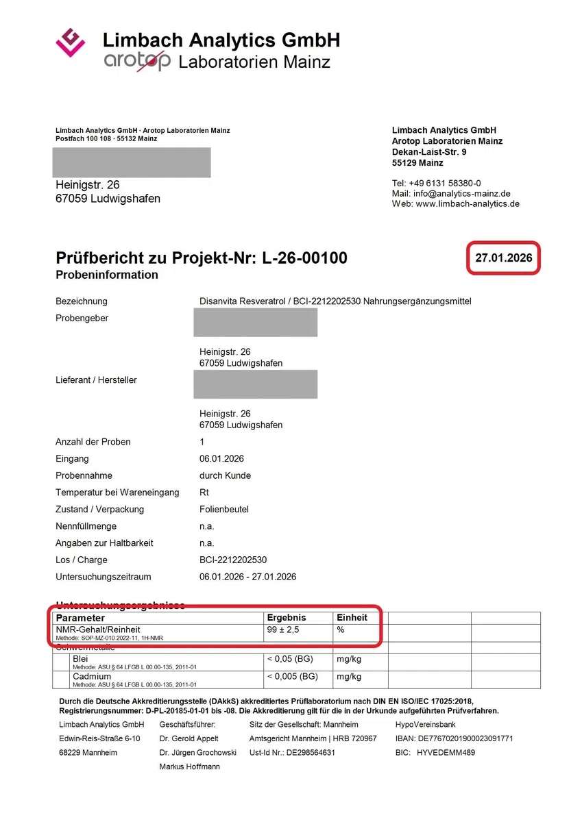 Resvératrol | Qualité supérieure certifiée en Allemagne | Poudre avec 99,3 % de pureté