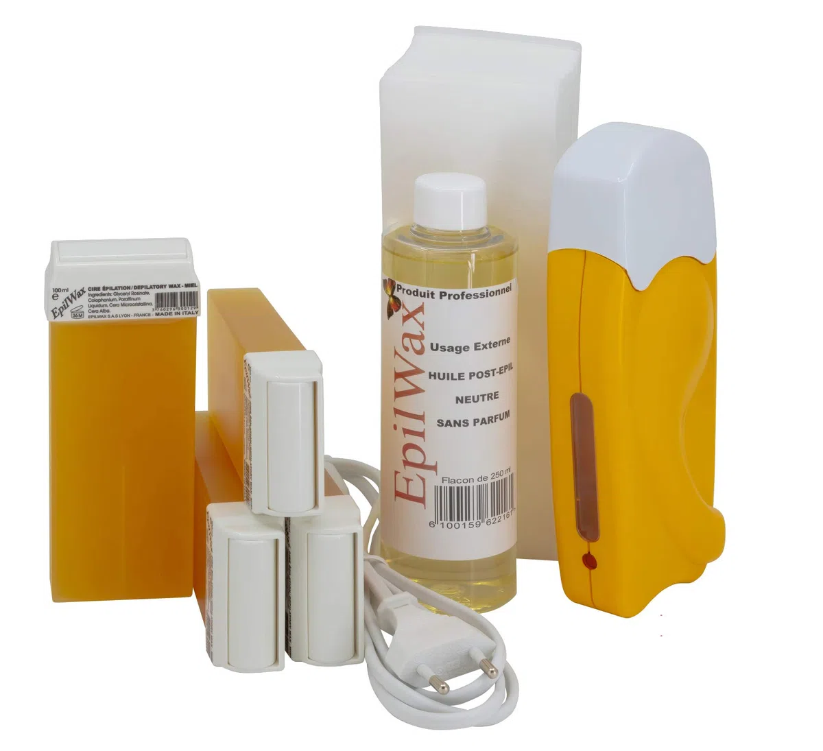 EpilWax - Kit Chauffe Cire Épilation Professionnelle avec 4 x Recharges Roll on Cire Miel, 100 x Bandes d'Épilation et Huile après Épilation - Gamme Solo