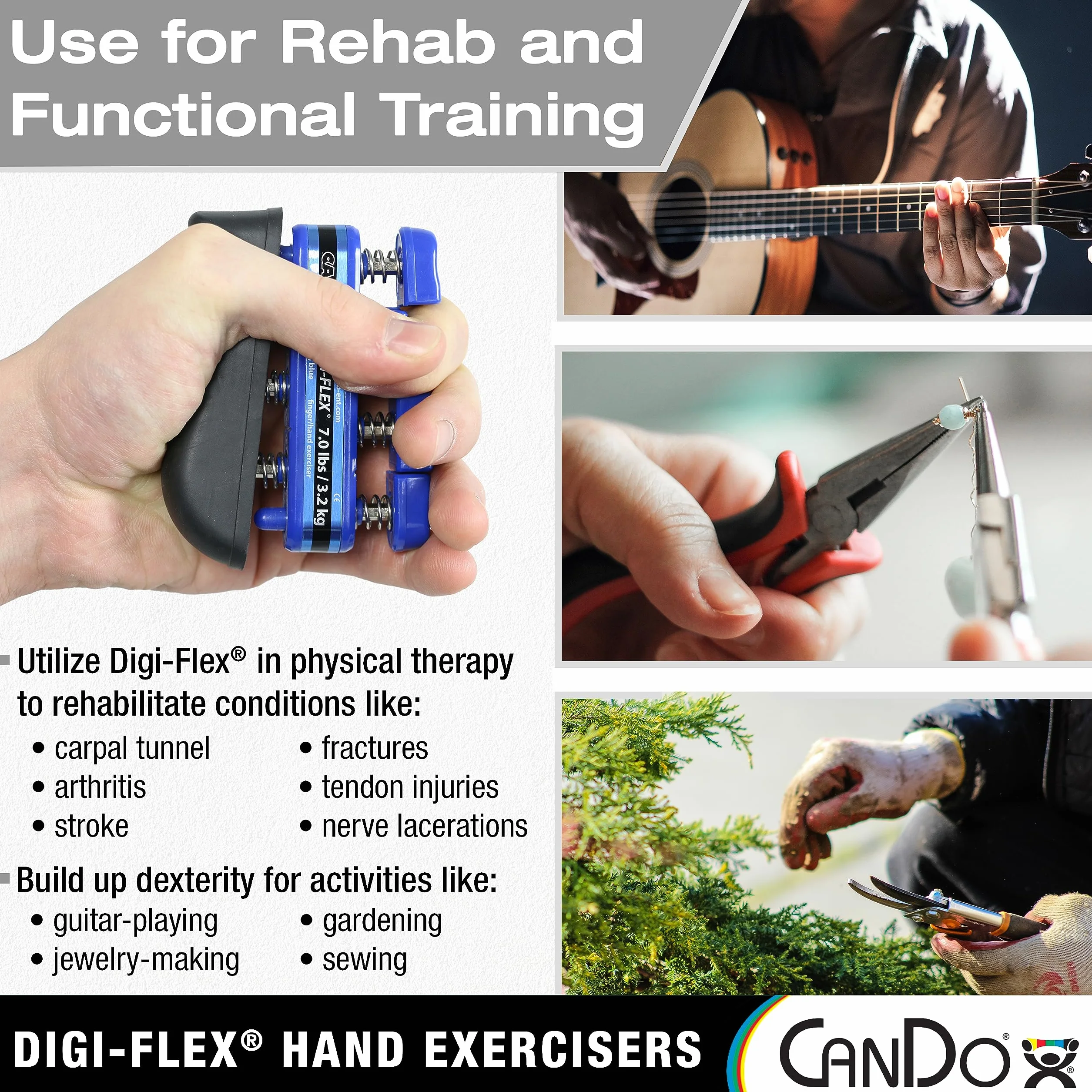 CanDo Digi-Flex Exercisateur de Main, Jaune Résistance Extra Légère, Renforcement des Doigts et de la Main, Résistance de 0,7 kg pour les Doigts / 2,3 kg pour la Main