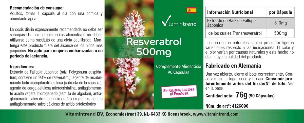 Vitamintrend Resvératrol 500 mg, 90 gélules d'extrait de renouée, hautement dosé, complément alimentaire végan sans stéarate de magnésium, fabriqué en Allemagne