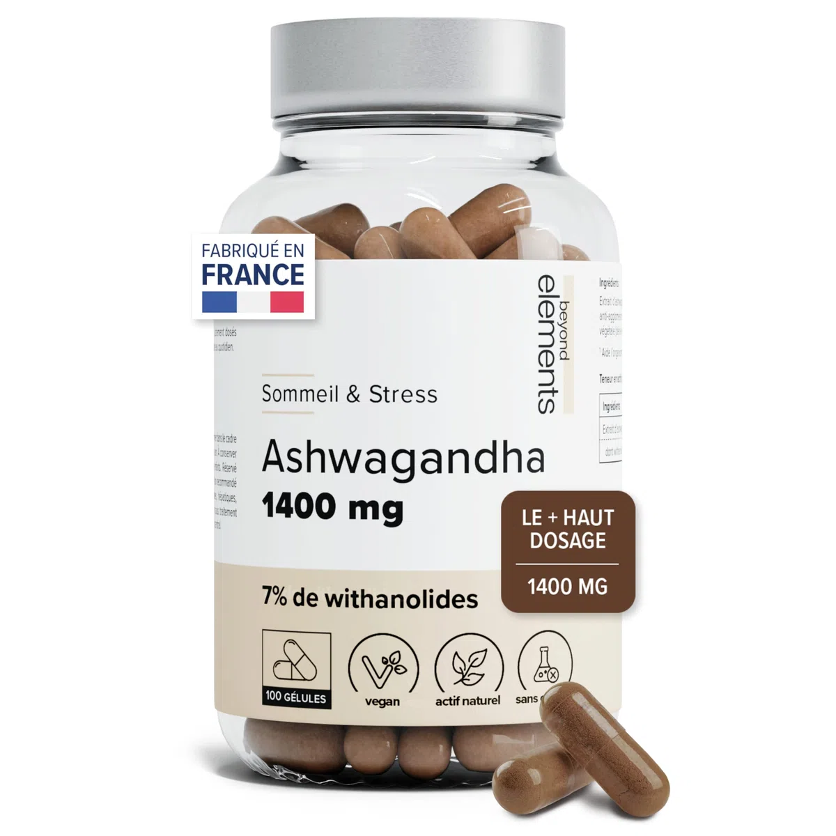 Ashwagandha 1400mg - Régulation Cortisol - Extra Fort : 7% Withanolides - Anti Stress & Sommeil - Ashwagandha Pure - 100 Gélules Végétales - Vegan - Beyond Elements