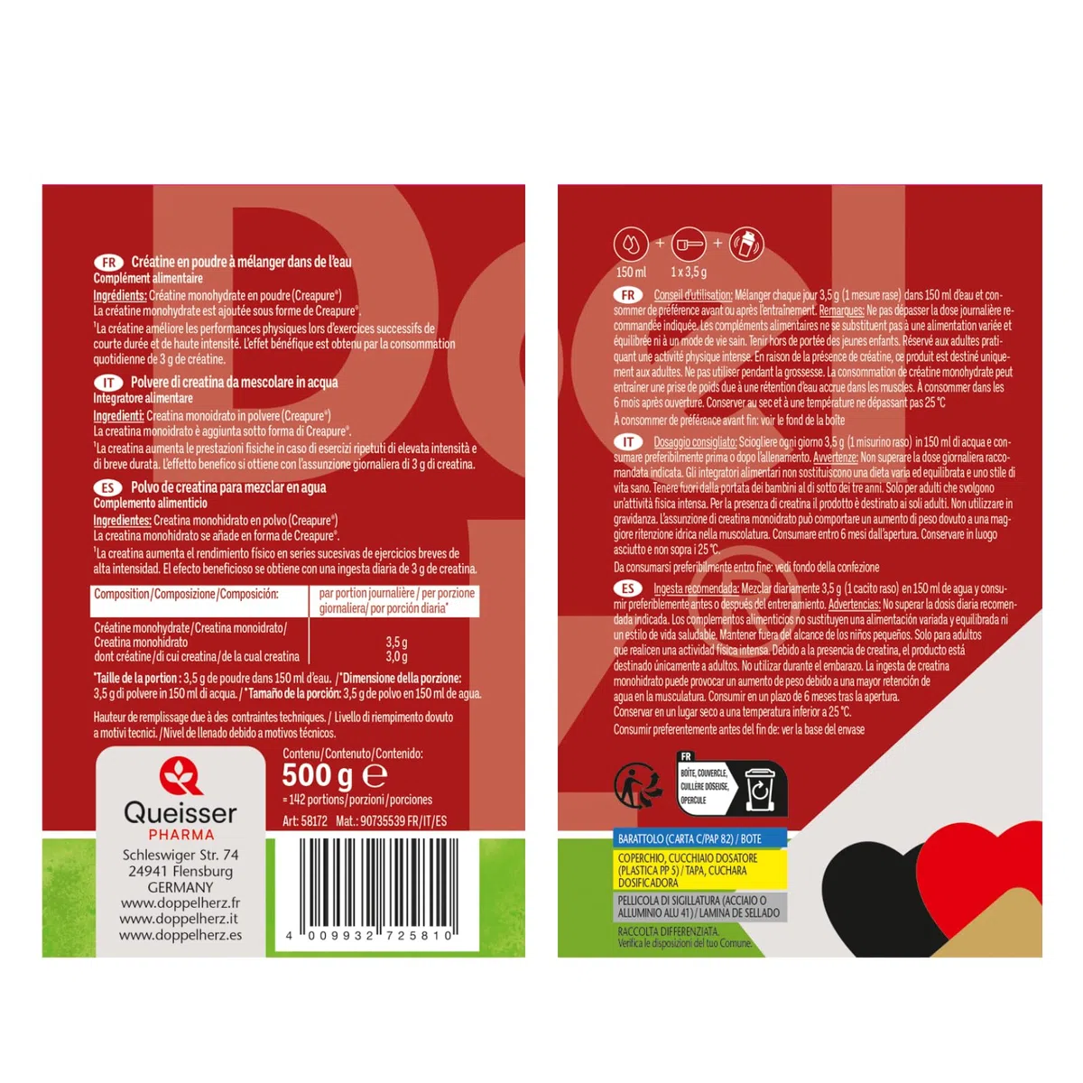 Doppelherz Créatine Monohydrate, Créapure, Récupération musculaire, 500 g | Complément alimentaire, Créatine en poudre, Performance et récupération musculaire, À dissoudre, Goût neutre, Sans additif