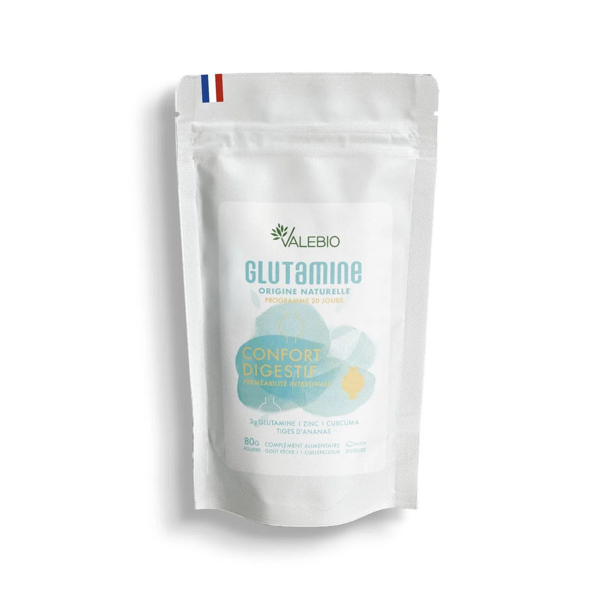 L Glutamine | 3 000mg/dose | Récupération musculaire et santé intestinale | Anti inflammatoire (curcuma & zinc) | Goût pêche, vegan et made in France | 100 g poudre | Valebio