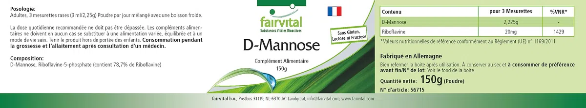 fairvital D-mannose 150 g de poudre, avec de la vitamine B2 (riboflavine), 100% pur et 100% végétalien, hautement dosé, qualité contrôlée, fabriqué en Allemagne