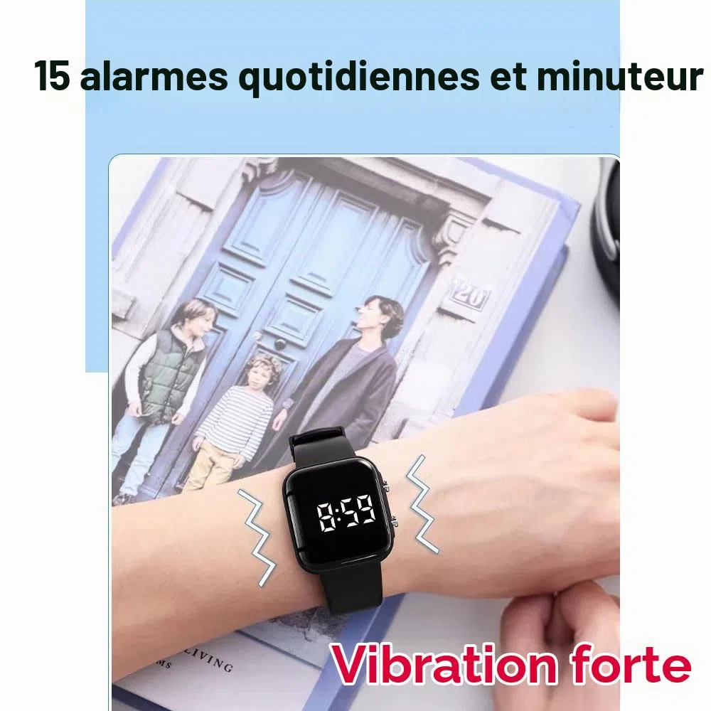 Montre avec alarme vibrante, bracelet d'apprentissage de la propreté, montre rechargeable avec minuterie et 15 alarmes quotidiennes