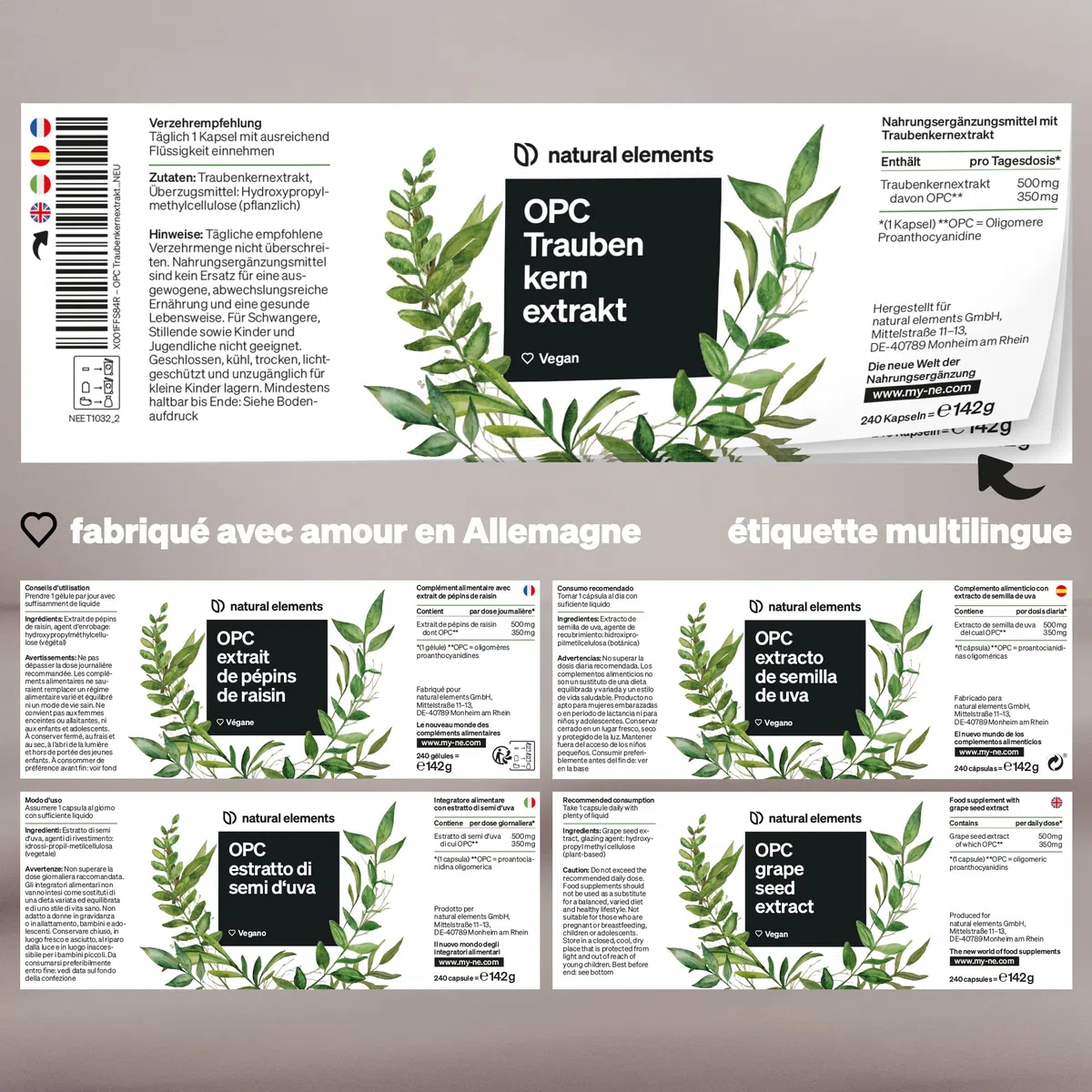 OPC extrait de pépins de raisin – 240 gélules hautement dosées pour 8 mois – OPC testé en laboratoire issu de raisins français – végane, fabriqué en Allemagne