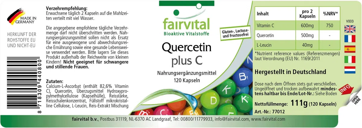 fairvital Gélules de quercétine à la vitamine C, 120 gélules, HAUTEMENT DOSÉ, 250mg de quercétine plus 300mg de vitamine C par gélule, VÉGÉTALIEN, antioxydant