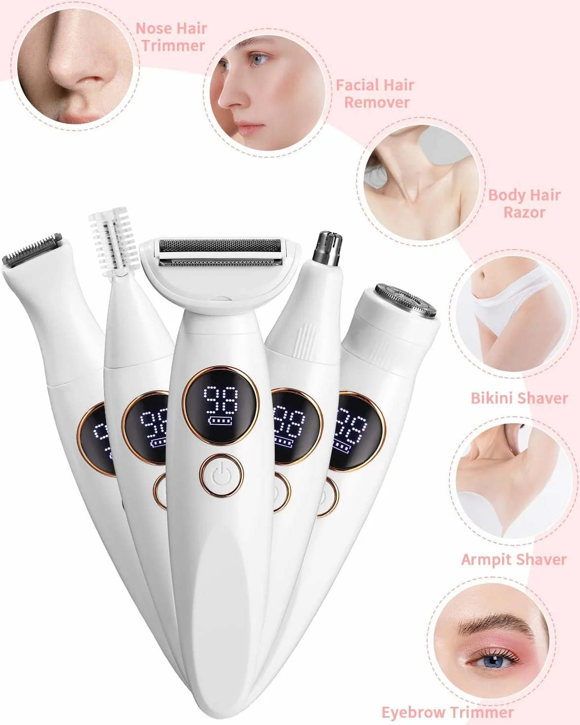 Rasoir Electrique Femme, 5 en 1 Tondeuse Femme Intime, Rasoir Femme Electrique avec Station de USB Rechargeable, Tondeuse Maillot Femme, pour Le Corps, Les Aisselles, Le Bikini, Les Sourcils et Le Nez