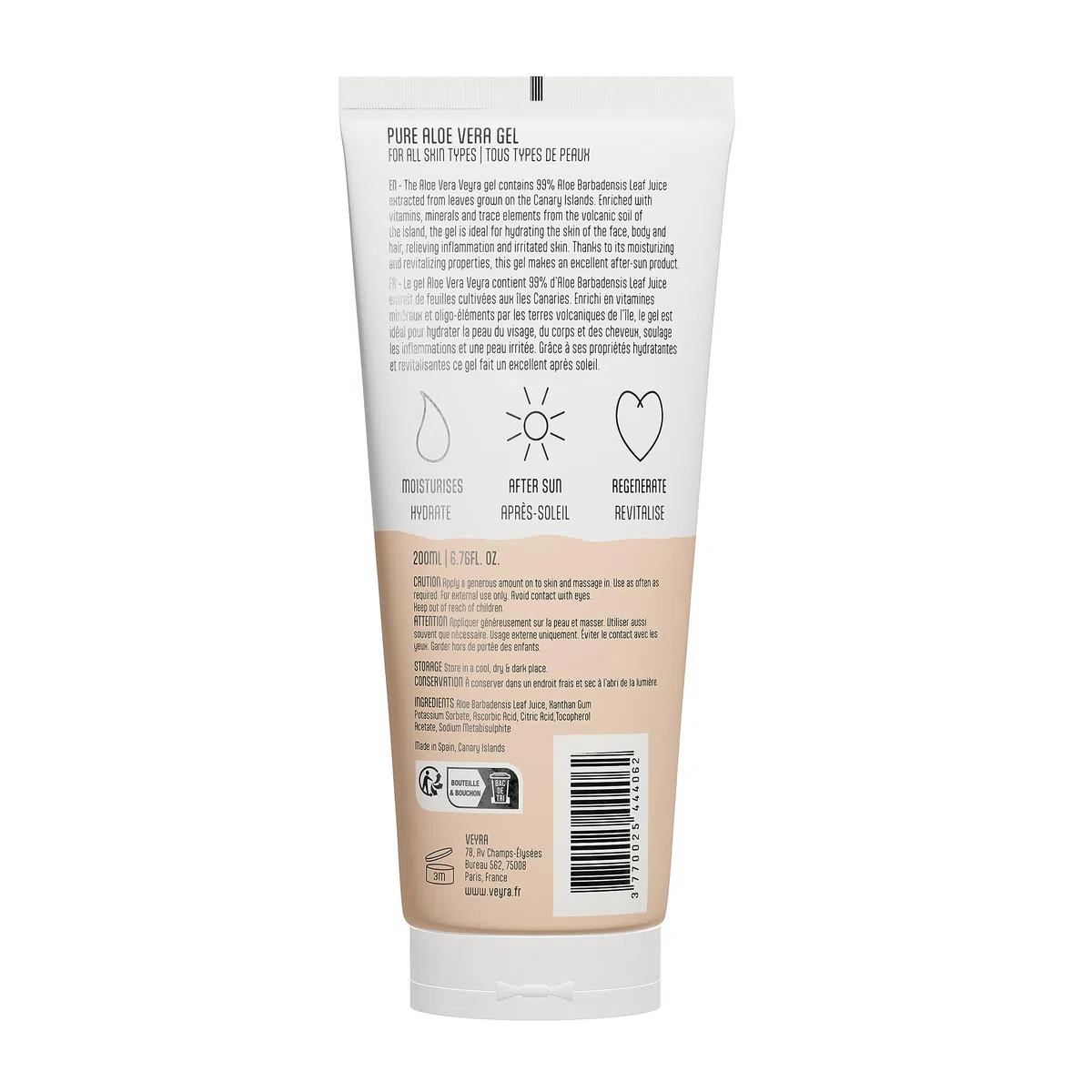 Gel Aloe Vera Natif 99% Veyra 200 ml Sans Parfum Visage, Cheveux et Corps : Hydrate, Apaise, Régénère, Anti Acné, Après Soleil. Soin Pur 100% Naturel des îles Canaries