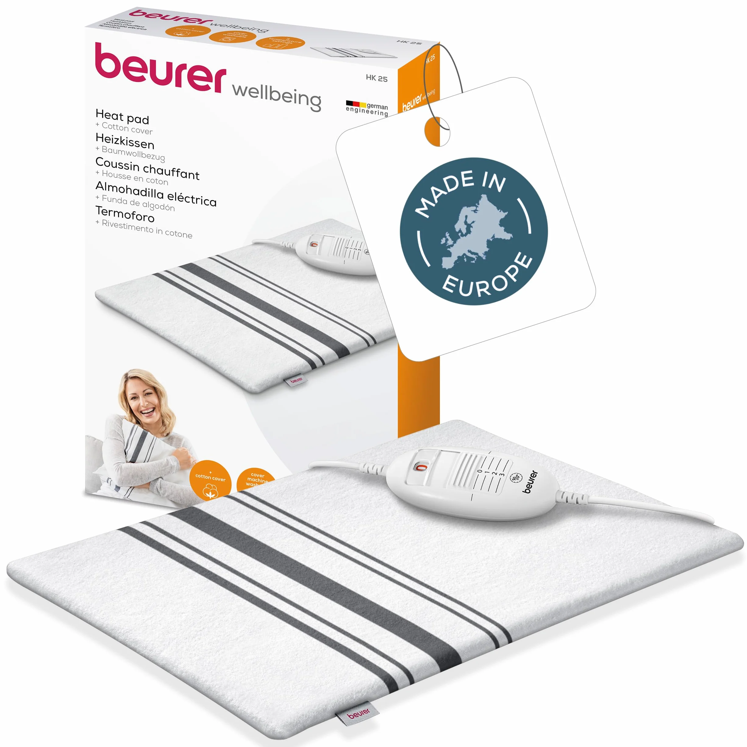 Beurer HK 25 Coussin chauffant, 3 niveaux de température, housse lavable en machine, arrêt automatique, chauffe dos, ventre et cervicales