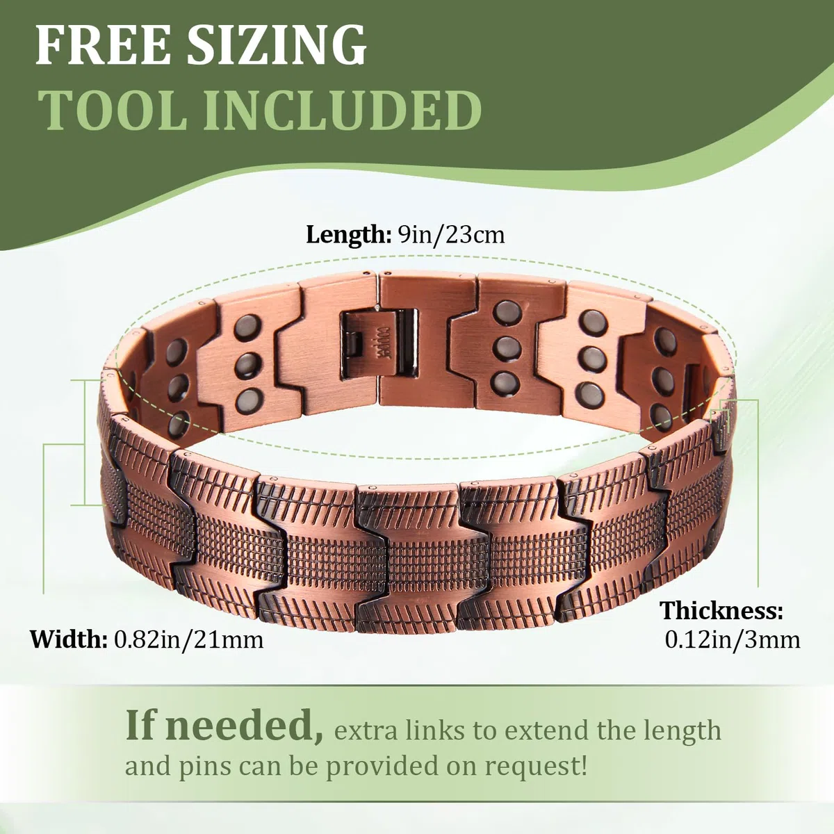 MagEnergy Bracelet Magnétique Cuivre 99,9% Homme, 3 Aimants Puissants, Ajustable avec Outil & Coffret Cadeau