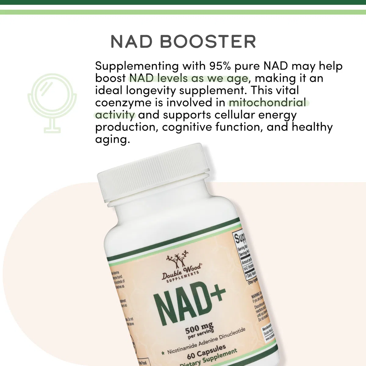 NAD Supplement (500mg of 95% Pure NAD+ Per Serving, 30 Day Supply) NAD Booster Similar to Nicotinamide Riboside (Third Party Tested, Manufactured in The USA, Vegan Safe, Non-GMO) by Double Wood