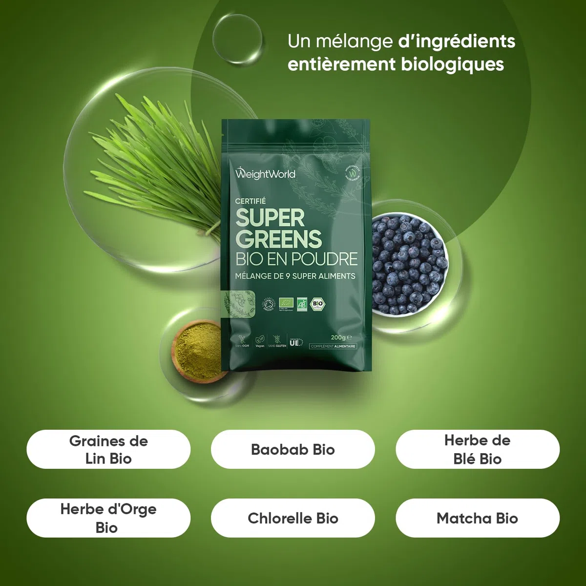 Super Green Poudre Bio 200g 40 Portions 9 Superfood Greens, Matcha Bio, Poudre de Maca, Guarana, Chlorella Bio, Baobab, Herbe de Blé, Acai, Orge, Graines de Lin Bio, Source de Vitamines & Minéraux