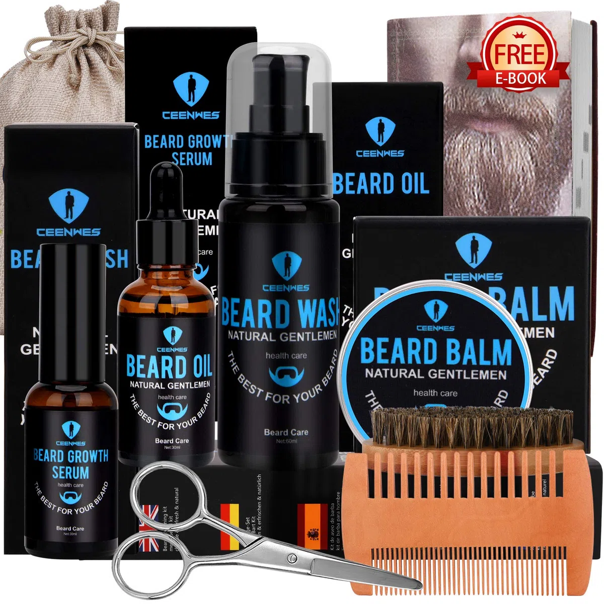 Kit d'entretien de barbe 9 pièces pour homme avec shampoing à barbe gratuit, huile à barbe, baume à barbe, peigne à barbe, ciseaux à barbe, soin de la barbe, soin de la barbe, produit de croissance de