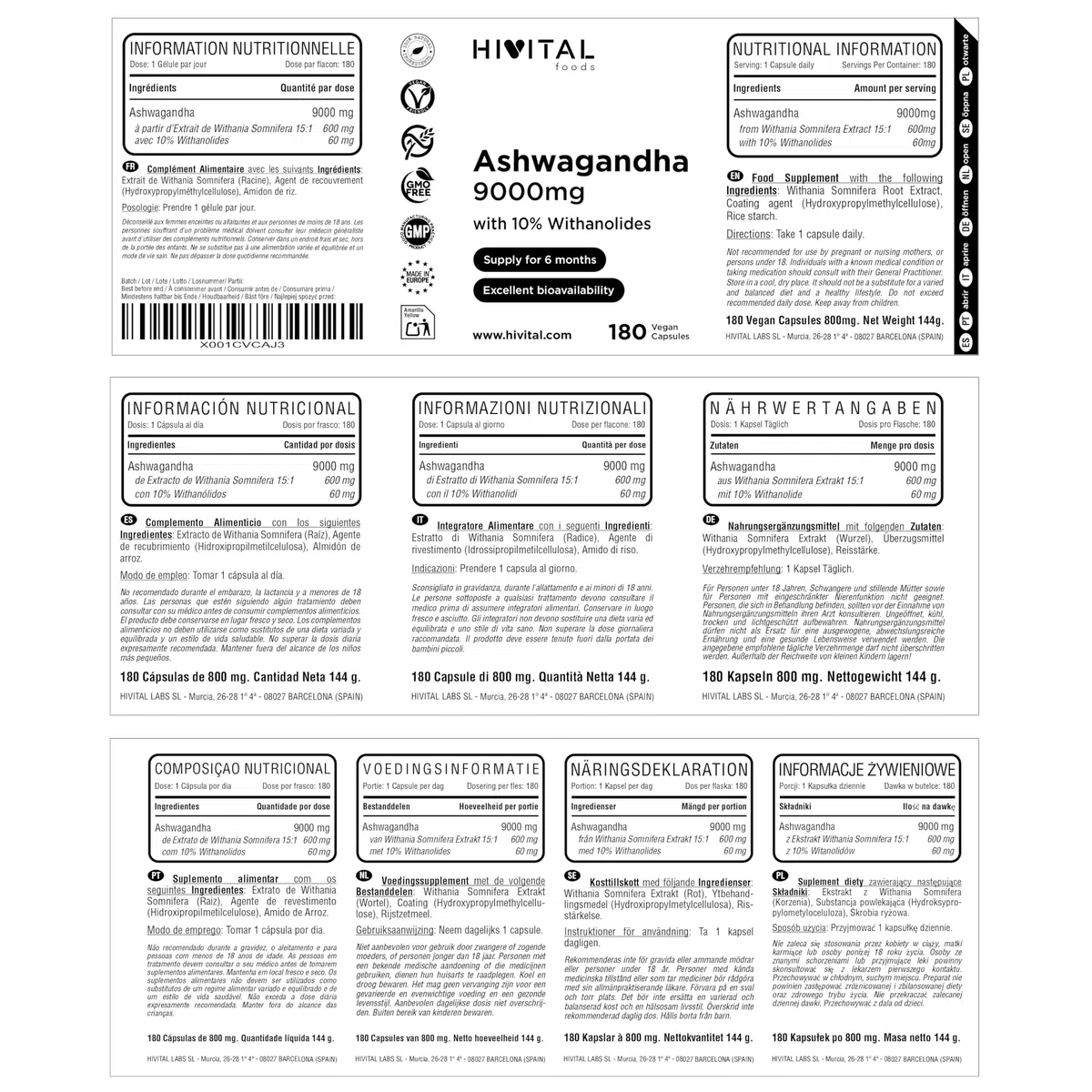 Ashwagandha 9000 mg. 180 gélules végétaliennes pour 6 mois de traitement. Extrait de Withania Somnifera avec 10% de Witanolides. Ginseng Indien. Absorption maximale. Fabriqué en Europe par HIVITAL