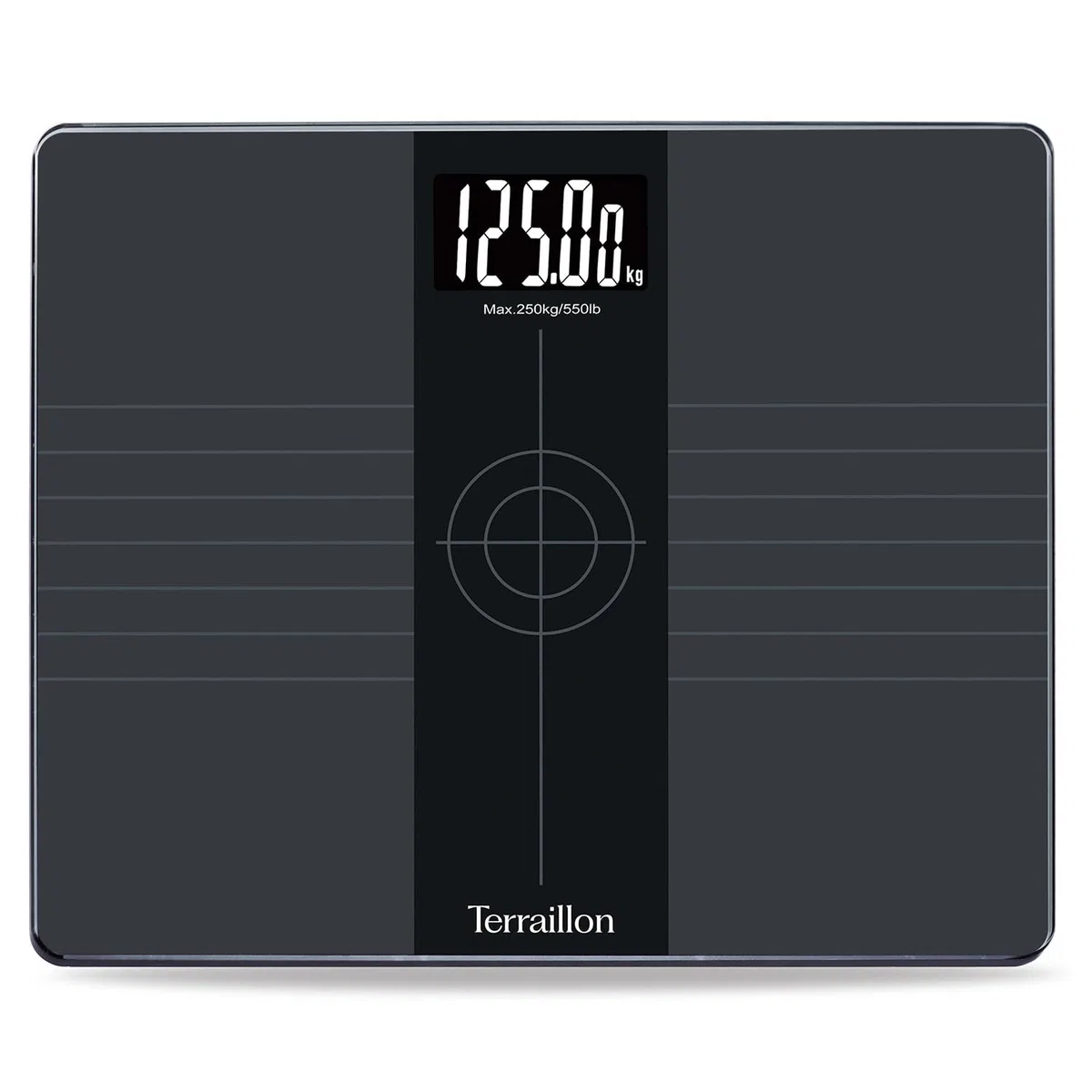 TERRAILLON - EVERY BODY- Pèse personne grande capacité, Balance avec plateau XXL 35x29cm, Capacité de 250 Kg, Grand écran LCD rétro éclairé, Précision 50g, Noir & Gris