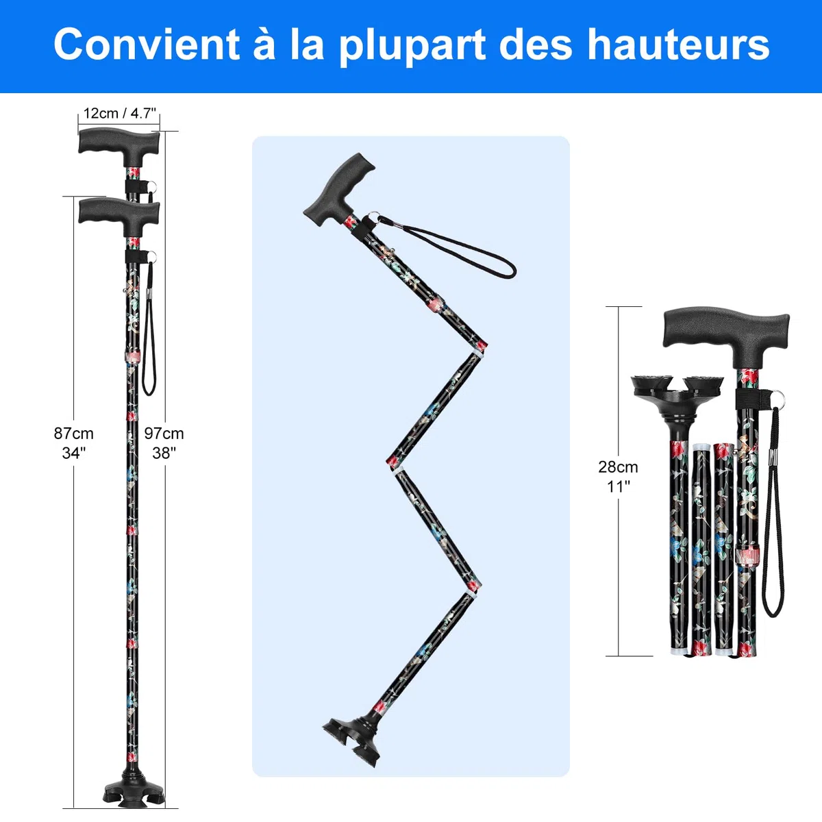 supregear Canne Pliante, Canne Pliante Réglable à 5 Niveaux avec Poignée en T et Dragonne Anti-Perte Antidérapante Autoportante Support en Caoutchouc à 4 Pieds pour Âgé Désactivé Homme Femme