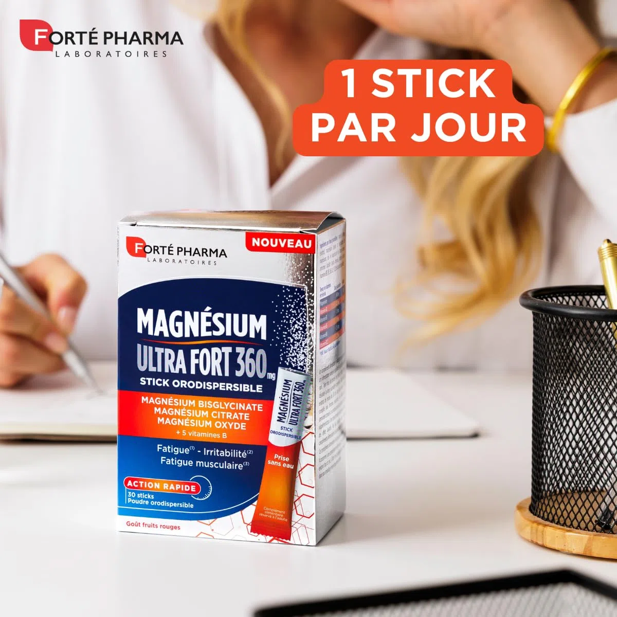 Forté Pharma - Magnésium Ultra Fort 360 - Energie booster, Irritabilité, Fatigue musculaire, Action rapide - 3 sources de magnesium dont bisglycinate, 5 Vitamines B - 30 sticks orodispersibles, 1/jour