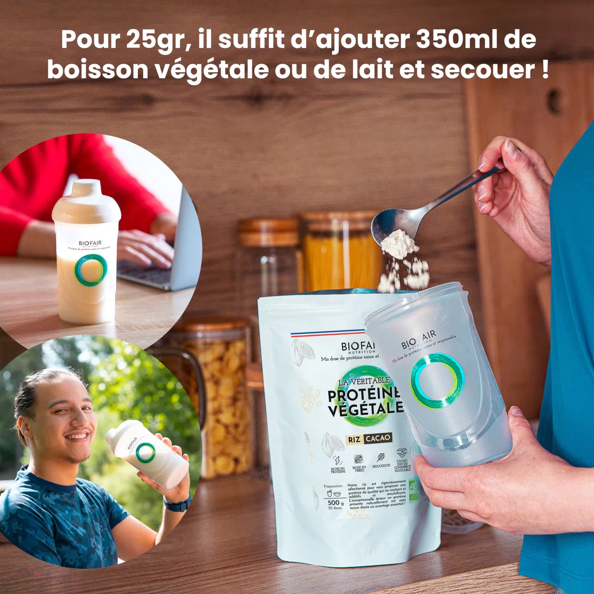 Protéine Vegan, Végétale et Bio - À Base de Riz Bio et Cacao - Saine, 100% Naturelle et Responsable - 20 Doses de 25 Gr - 500 Gr