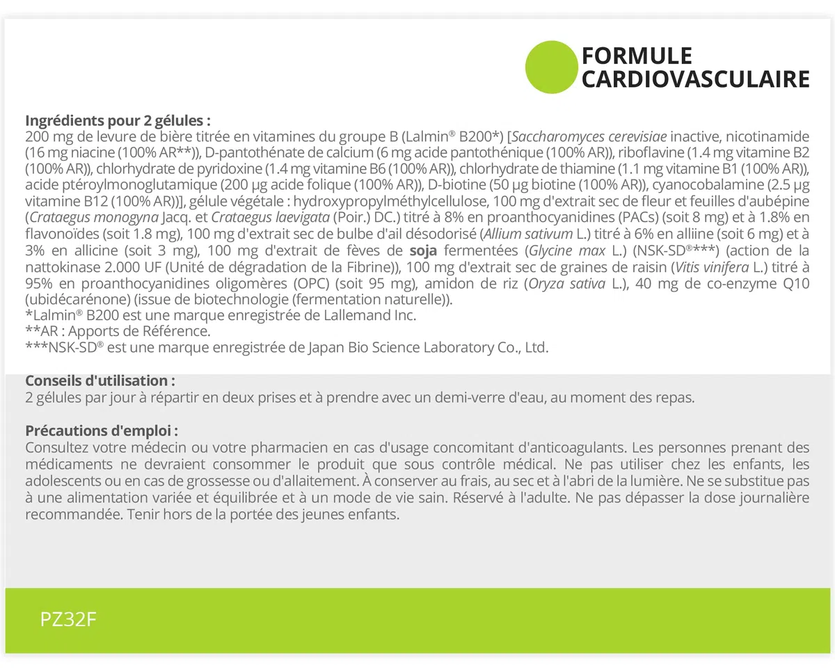 Formule Cardiovasculaire * 60 gélules / 320 mg * Vitamines du groupe B, Aubépine, Ail, Raisin, Nattokinase et Co-enzyme Q10