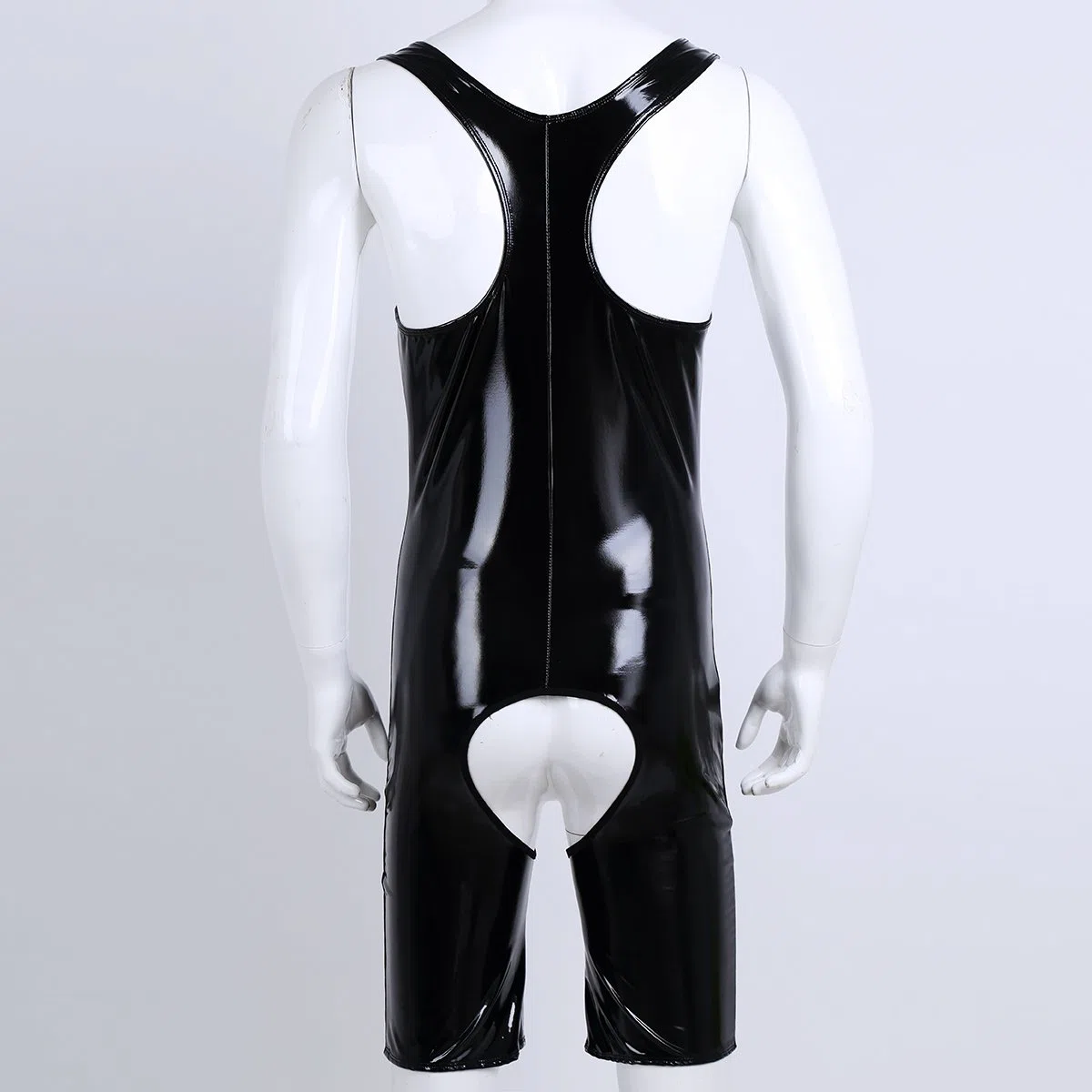 ranrann Body Homme Sexy Ouvert Bodysuit Cuir Verni Combinaison Maillot de Corps Wetlook Lingerie Erotique Jumpsuit Vêtements de Nuit Clubwear M-4XL