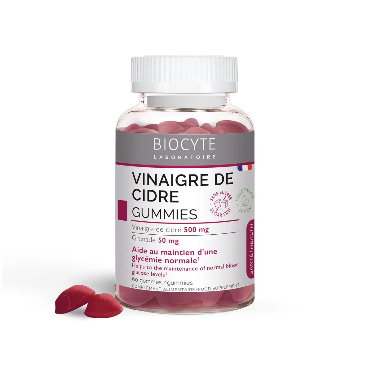 BIOCYTE Gummies Vinaigre de Cidre de Pomme - Complément alimentaire Digestion, Taux de Sucre - Vinaigre de Cidre, Grenade, Chrome, Vitamines B6, B9, B12 - Goût Pomme - 60 gummies - 30 jours de prise