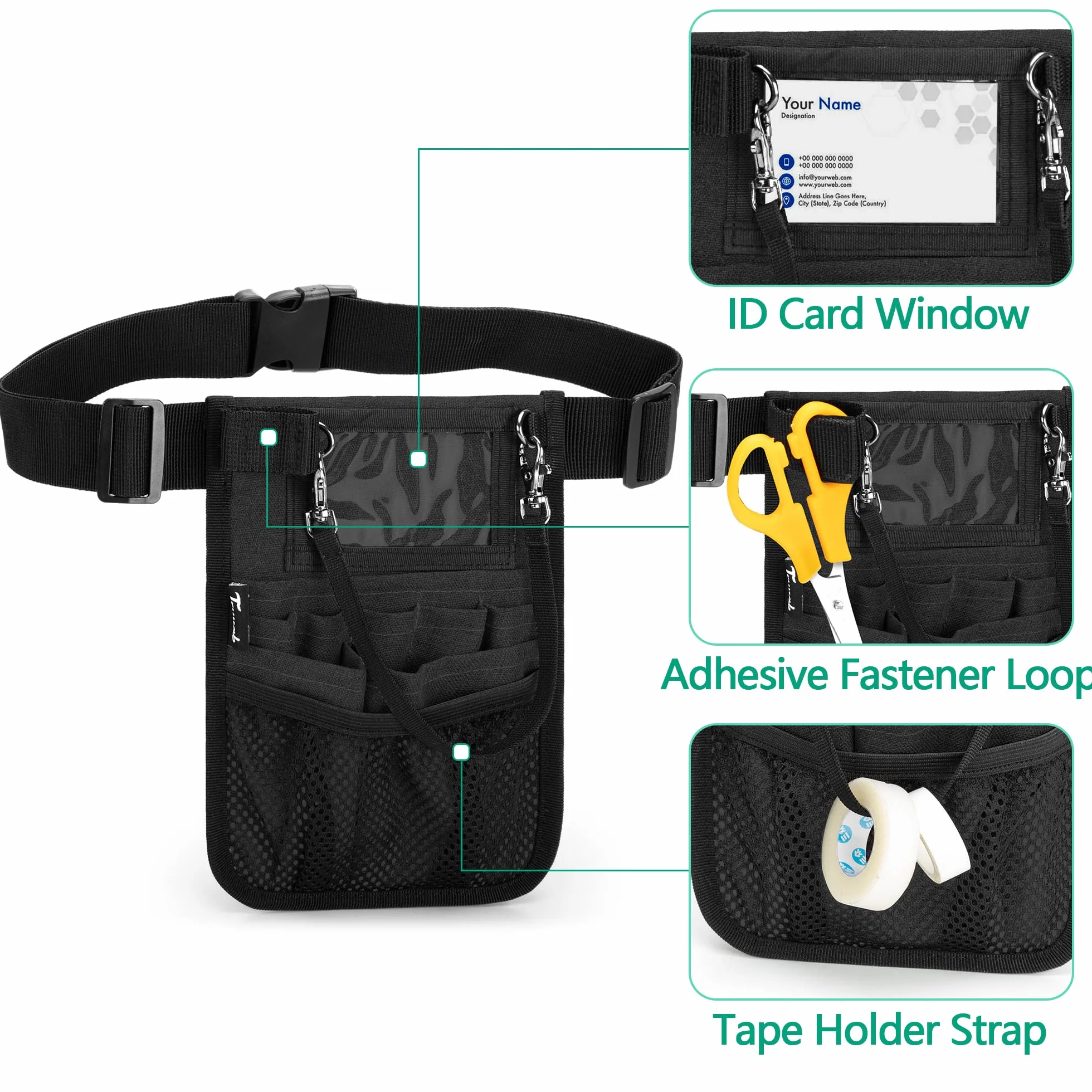 Trunab Sac Banane pour Infirmière avec Porte-Ruban et Plusieurs Compartiments, Kit Infirmiere avec Sangle de Taille Réglable,Convient à Ciseaux, Gaze et Autres Fournitures Médicales, Noir