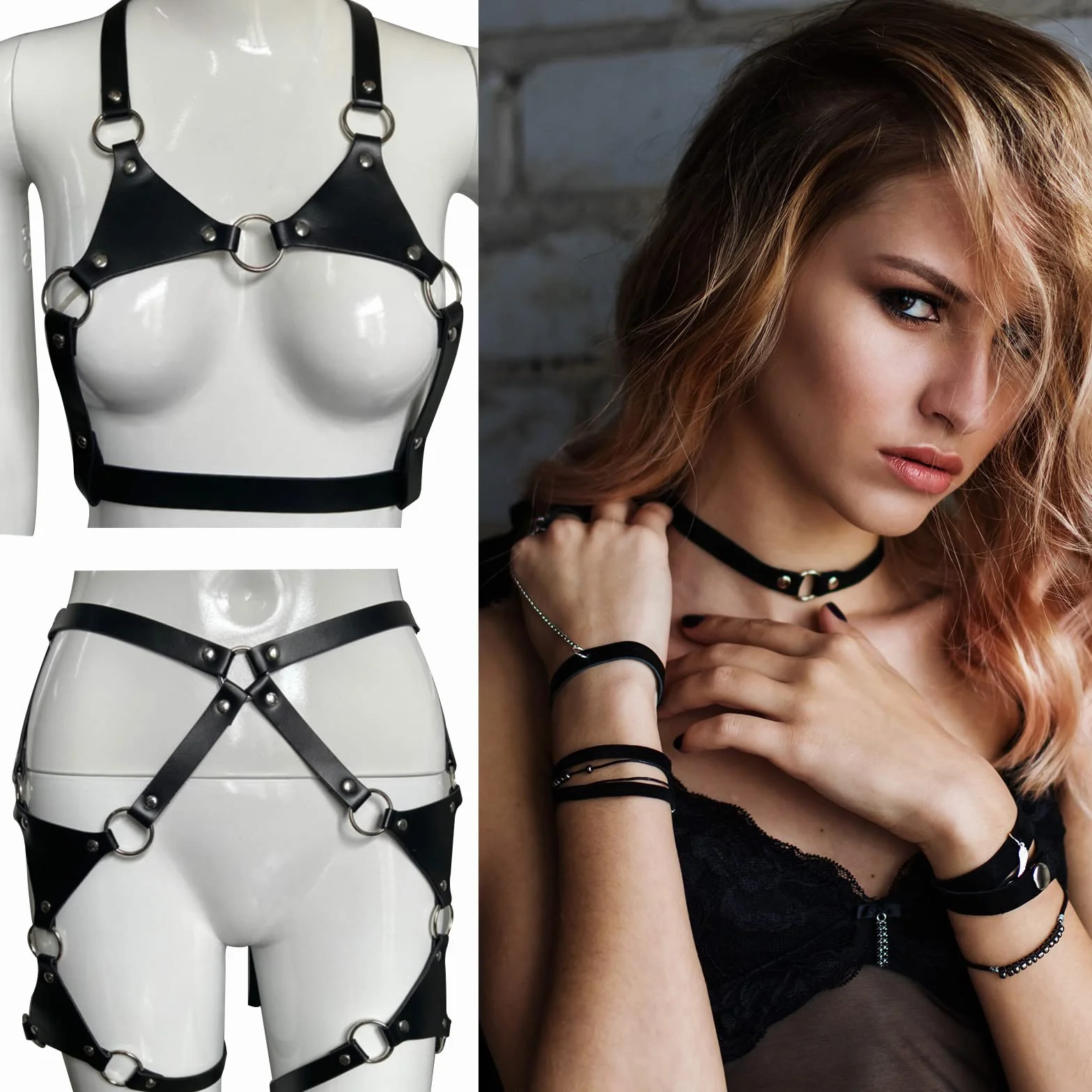 Femmes Punk Cuir Soutien-Gorge Harnais Harness Corps Cupless Bretelles Lingerie(A)