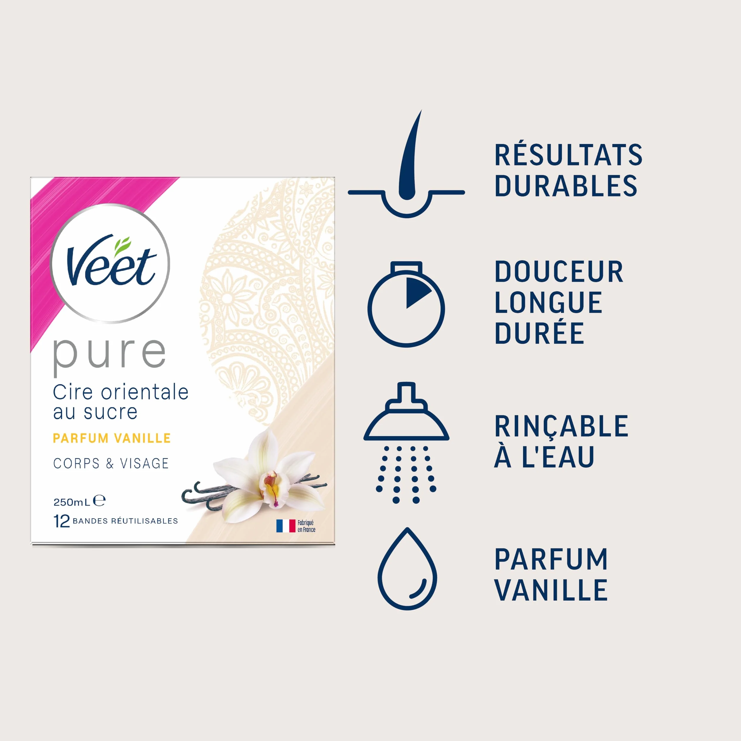 Veet PURE - Cire Chaude au Sucre et Vanille - Epilation Sans Bande - Lot de 3 x 250ml