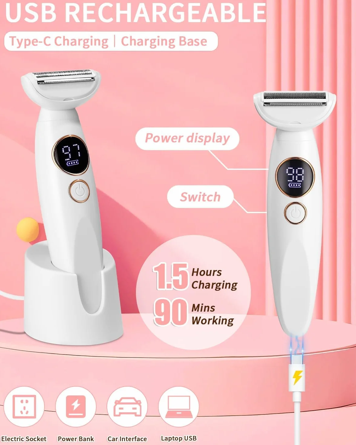 Rasoir Electrique Femme, 5 en 1 Tondeuse Femme Intime, Rasoir Femme Electrique avec Station de USB Rechargeable, Tondeuse Maillot Femme, pour Le Corps, Les Aisselles, Le Bikini, Les Sourcils et Le Nez