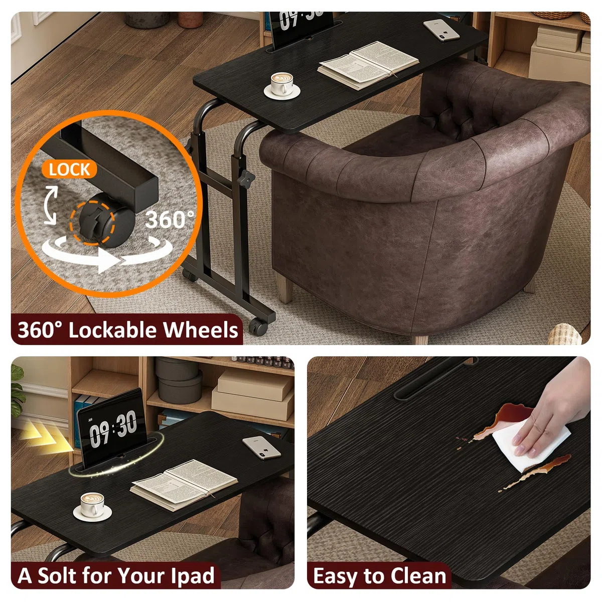 LINGMI Table inclinable, table de lit avec roulettes, hauteur et longueur réglables, plateau de support pour ordinateur portable