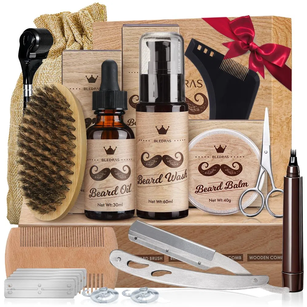 Bledras Kit Barbe Homme 13 en 1, Coffret Barbe Homme avec Huile à Barbe, Shampoing à Barbe, Crème à Barbe, Crayon à Barbe, Ciseaux à Barbe, Brosse à Barbe, Peigne à Barbe, Rasoir, 5 Lames de Rasoir