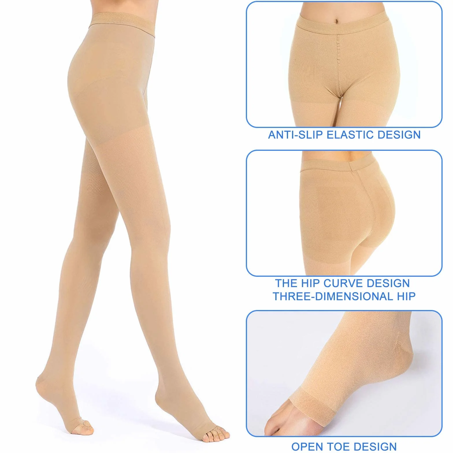 20-30mmHg Collants de compression médicaux pour homme et femme - Long - Classe II - Bas de compression gradués pour homme - Bout ouvert - Bas de soutien pour grossesse, varices, œdème
