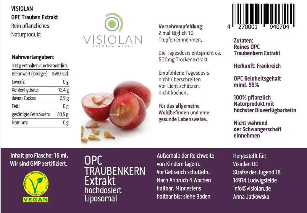OPC Extrait de Pépins de Raisin Haute Dose, 15 ml | Riche en Polyphénols Naturels | OPC pur (au moins 99,5%) | Biodisponibilité la plus élevée